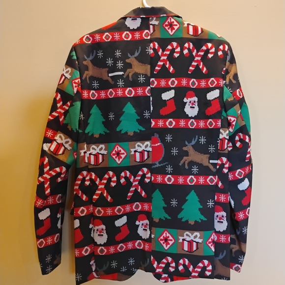 Men's Holiday Print Blazer - Green/Red Festive Pattern - Picture 2 of 6